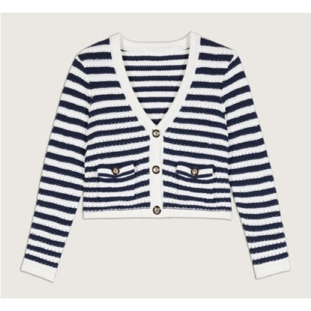 Ba&sh Gamden Navy White Striped Knit Cardigan Sweater Large Stripes Lady Chunky - Picture 2 of 9